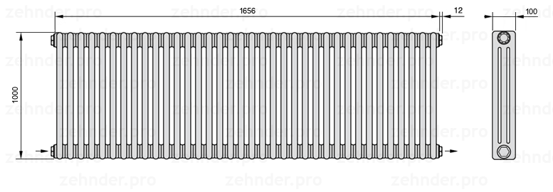 Схема (чертеж) Радиатор Zehnder Charleston 3100/36 №2670 Белый глянцевый RAL 9016